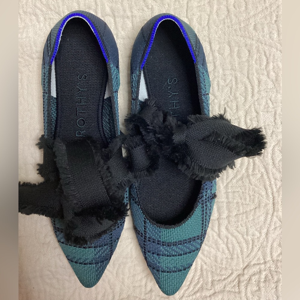 Rothy's Black and Blue Plaid Flats with Bow